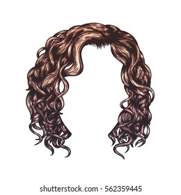 Brown curly hairstyle. Hand drawn isolated vector illustration.