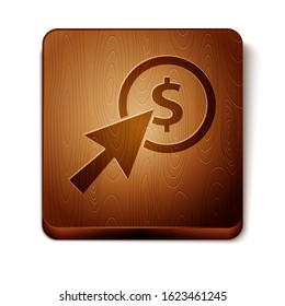 Brown Cursor and coin icon isolated on white background. Dollar or USD symbol. Cash Banking currency sign. Wooden square button. Vector Illustration