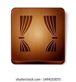 Brown Curtain icon isolated on white background. For theater or opera scene backdrop, concert grand opening or cinema premiere. Wooden square button. Vector Illustration