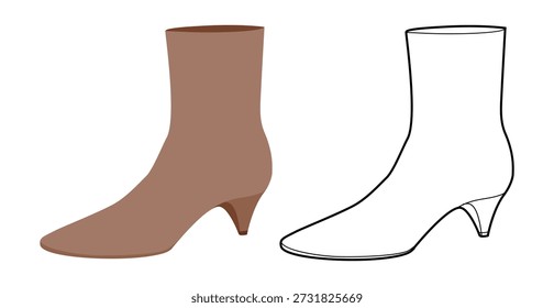 Brown curved kitten heel boot women flat plus line set. Contoured shaft with low heel for winter and festive gathering. Technical fashion illustration CAD mockup vector men unisex isolated chic style
