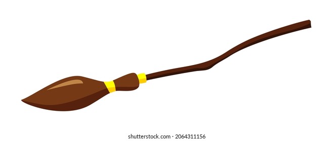 Brown curved wooden witch broom tied with yellow ribbons