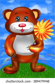 Brown cute bear cartoon with a flower in his paw. Greeting Card. neutral background, congratulation, illustration, vector