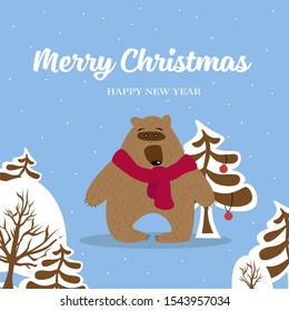Brown cute bear in scarf next to christmas trees. Merry Christmas and Happy new year