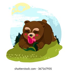Brown cute cartoon bear holding a flower in his paws and sniffing.card or notebook for a children's book.nature, landscape forest,sun and clouds.vector illustration isolated on white background