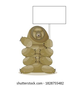 Brown cute cartoon tardigrade character holds empty text box or white board in hands for some message