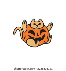 Brown cute Cat with custome pumpkin character for Halloween. Editable vector and illustration