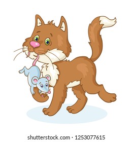 A brown cute cat goes with a mouse in his mouth. In cartoon style. Isolated on white background. Vector illustration.