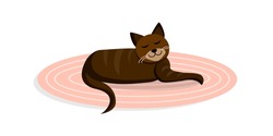 Brown Cute Cat Lies On A Cozy Carpet. Vector Cartoon Illustration