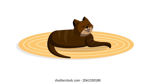 Brown cute cat lies on a cozy carpet. Vector cartoon illustration.