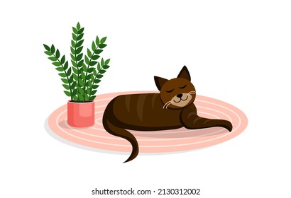 Brown cute cat lies on a cozy carpet. Vector cartoon illustration.
