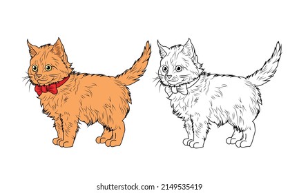 Brown cute cat with line art cartoon illustration 