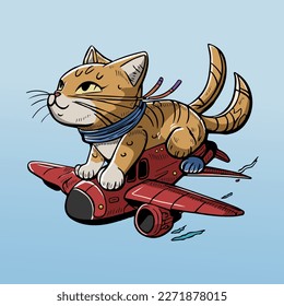 Brown Cute Cat Riding Plane Adventure Illustration Vector Artwork