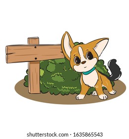 brown cute dog on wood sign bush vector