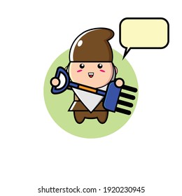 Brown cute dwarf head illustration design carrying garden tools