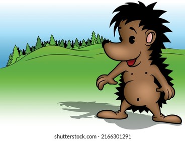 Brauner Cute Hedgehog mit Lächeln - farbige Cartoon-Illustration mit Hintergrund, Vektorgrafik
