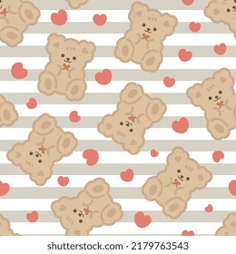 Los osos de peluche marrones lindos kawaii con fondo de textura de rayas grises y corazones rojos, los niños con un fondo de patrón impecable para niños y niñas. Papel envuelto Diseño infantil, tela e impresión textil