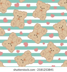 Brown cute kawaii teddy bears with mint green stripes texture background and red hearts, kids seamless pattern background for boy and girl. Wrapping paper childish design, fabric and textile print