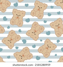 Brown cute kawaii teddy bears with pastel blue stripes texture background and hearts, kids seamless pattern background for boy and girl. Wrapping paper childish design, fabric and textile print