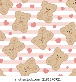 Brown cute kawaii teddy bears with pastel pink stripes texture background and hearts, kids seamless pattern background for boy and girl. Wrapping paper childish design, fabric and textile print