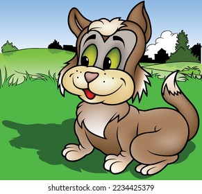 Brown Cute Kitty with Green Eyes - Colored Cartoon Illustration with Background, Vector