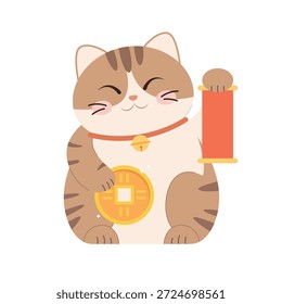 Marrón lindo maneki neko gato. muñeca de deseos japonesa. Ilustración vectorial