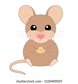 A brown cute mouse holds cheese in its paws. It is eating this cheese. Cartoon character on a white background. The Year of the Mouse.