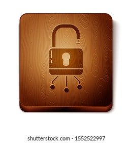 Brown Cyber security icon isolated on white background. Closed padlock on digital circuit board. Safety concept. Digital data protection. Wooden square button. Vector Illustration