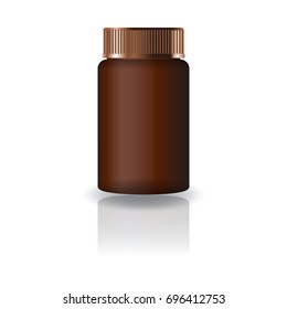 Brown cylinder supplements or medicine bottle with grooved lid for beauty or healthy product. Isolated on white background with reflection shadow. Ready to use for package design. Vector illustration.