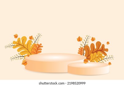 Brown cylindrical podium decorated with leaves. Autumn concept. Background for designing sales or advertising of fall festival products. vector illustration