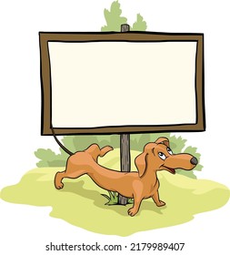 Brown dachshund. The dog is peeing, on a pole, a blank board for entering text, illustration, vector, cartoon, 