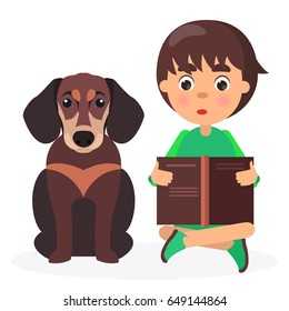 Brown dachshund with reading boy closeup isolated on white vector illustration. Open-eyed small schoolchild holds dark book.