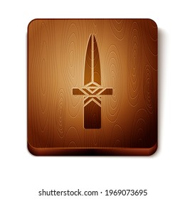 Brown Dagger icon isolated on white background. Knife icon. Sword with sharp blade. Wooden square button. Vector