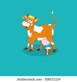 Brown dairy cow with bucket fresh milk.Vector