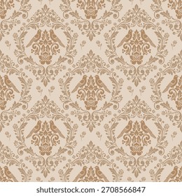 Patrón sin costuras floral de damasco marrón sobre fondo beige, un patrón floral de damasco refinado diseñado como un elegante estilo sin costuras floral de damasco para Fondo de pantalla lujoso y decoración textil.