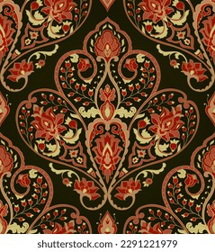 Brown damask pattern with ornamental flowers. Traditional oriental floral background. Template for wallpaper, textile, linen, shawl, carpet and any surface.