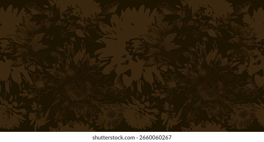 Brown Dark Seamless Background Flowers. hand drawing. Not AI, Vector illustration.