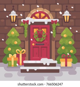 Brown decorated Christmas porch with fir trees and presents. Holiday home decor flat illustration