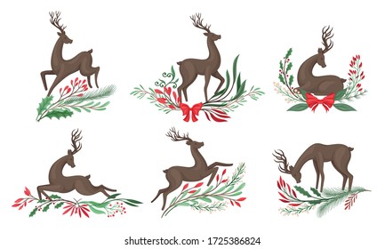 Brown Deer with Antlers and Winter Twigs and Flower Composition Beneath It Vector Set