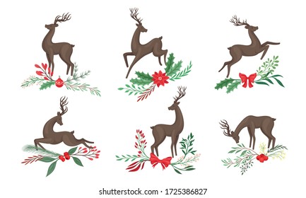 Brown Deer with Antlers and Winter Twigs and Flower Composition Beneath It Vector Set