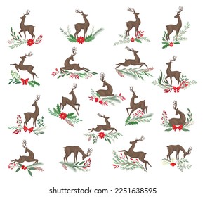Brown Deer with Antlers and Winter Twigs and Flower Composition Big Vector Set