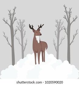 A brown deer with beautiful horns stands on a snow mountain in winter. Beautiful scenery on a cold evening.