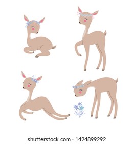 Brown deer icon set. Deer run and jump. Hoofed ruminant mammals. Cartoon animal design