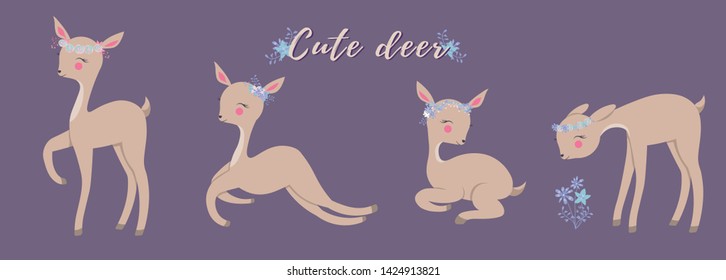 Brown deer icon set. Deer run and jump. Hoofed ruminant mammals. Cartoon animal design