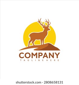 Brown deer with large antlers standing on a hill against a yellow sun vector graphic illustration with company logo and tagline space