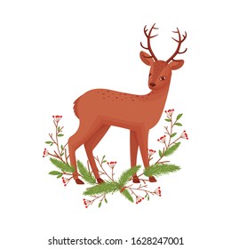 Brown Deer Near Fir Tree Twigs. Hoofed Ruminant Mammal Standing in Branches Vector Illustration