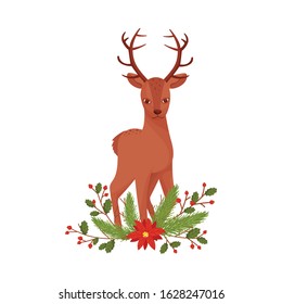 Brown Deer Near Fir Tree Twigs. Hoofed Ruminant Mammal Standing in Branches Vector Illustration