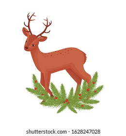 Brown Deer Near Fir Tree Twigs. Hoofed Ruminant Mammal Standing in Branches Vector Illustration