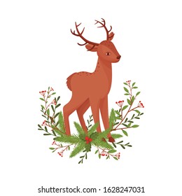 Brown Deer Near Fir Tree Twigs. Hoofed Ruminant Mammal Standing in Branches Vector Illustration