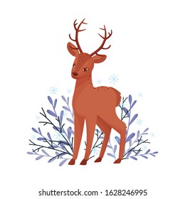 Brown Deer Near Floral Twigs. Hoofed Ruminant Mammal Standing in Branches Vector Illustration