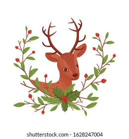 Brown Deer Near Floral Twigs. Hoofed Ruminant Mammal Sticking Out Its Head Through Winter Flora Vector Illustration